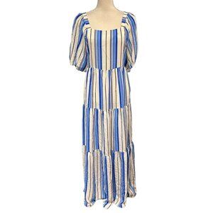 Melonie Dress Womens 8 Blue Contrast Striped Tiered Maxi Event‎ Wedding Guest